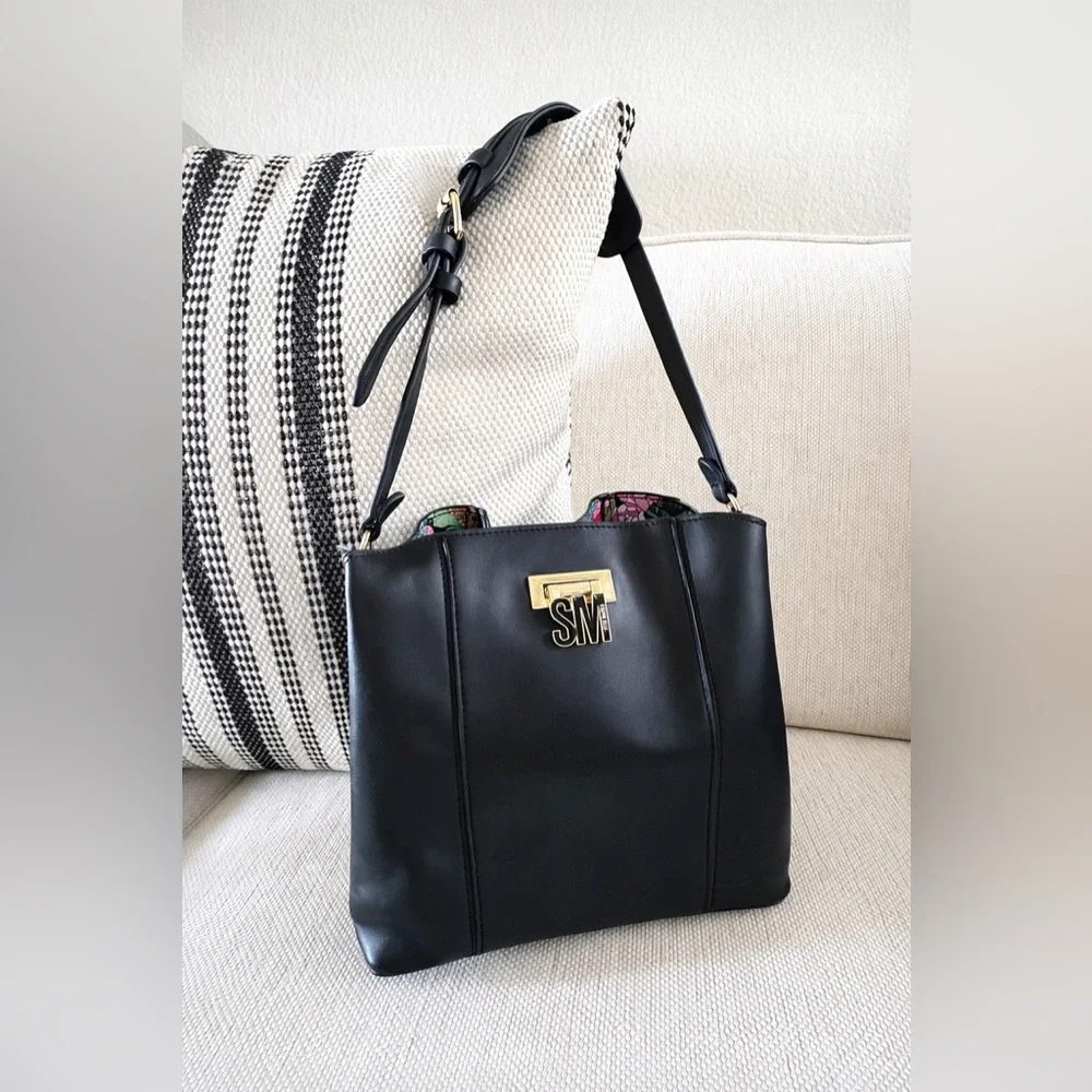 Steve Madden Barrie Black Shoulder Bag SM Logo Gold Hardware Satchel Crossbody - Picture 2 of 4